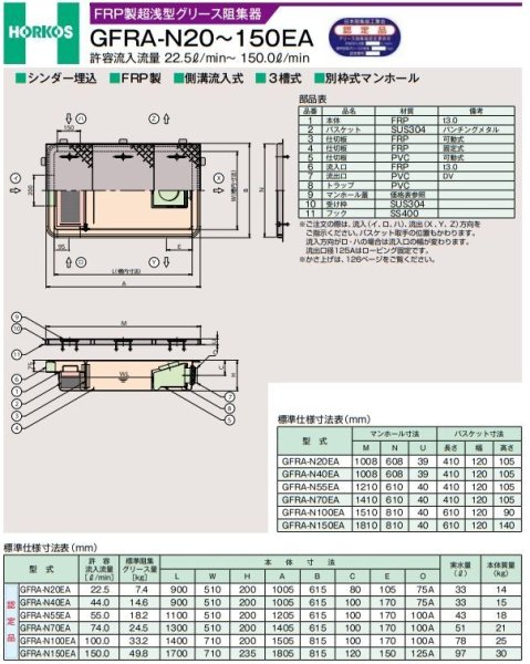 画像2: GFRA-N150EAホーコス側溝式超浅型グリース阻集器ステンレス製蓋付【150.0L】 (2)