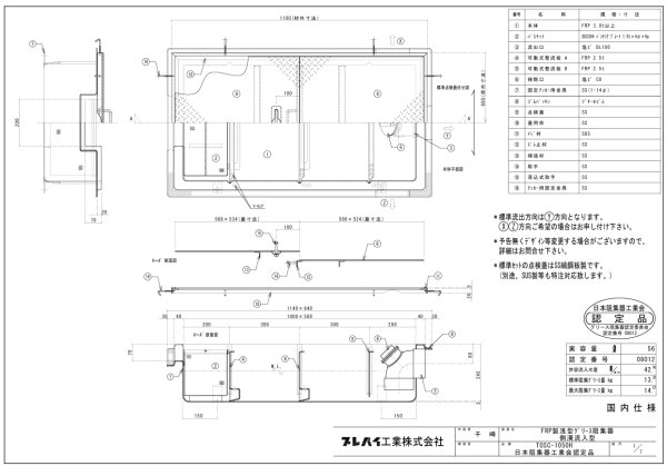 画像2: TOSC-1560Ｈ【プレパイ工業株式会社】『側溝型』浅型グリーストラップ　FRP製　厨房用　　250Ｈ　105L　鋼板製蓋付 (2)