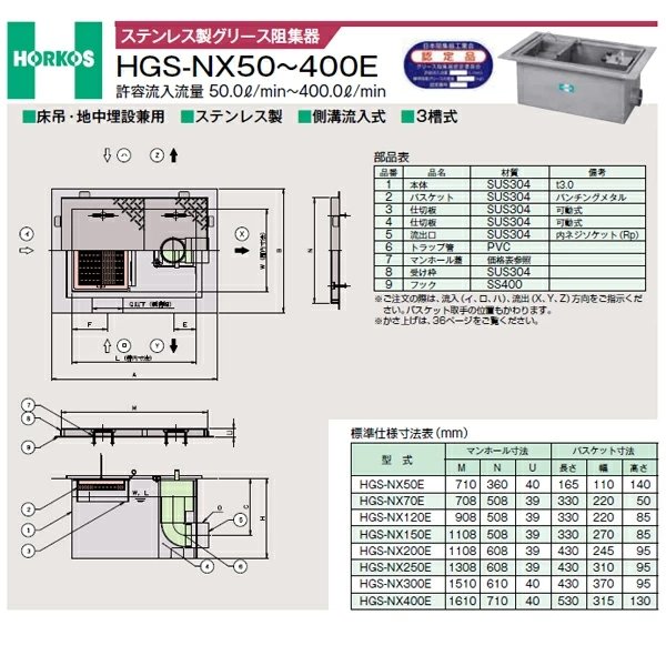 画像2: HGS-NX400PD【ホーコス】　グリース阻集器　400.0L　ステンレス製/パイプ式/3槽/地中埋設専用 (2)