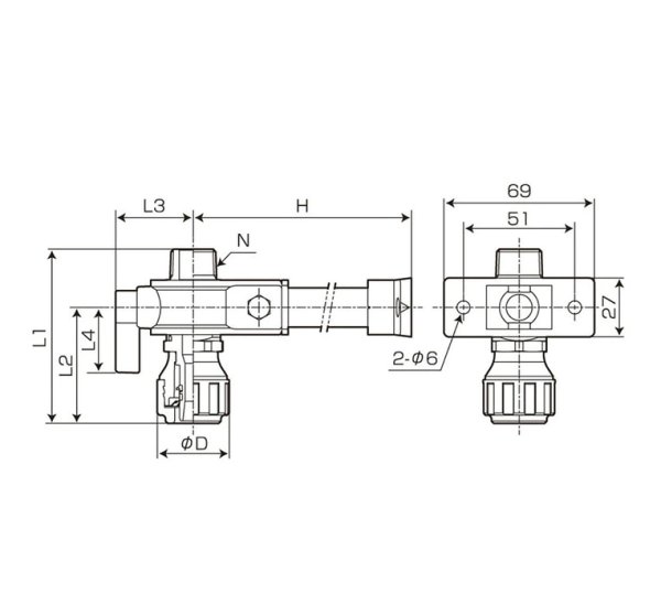 画像2: EOVP1/2×13-JT150 バクマ工業 ハードロック バルブ付オネジアダプター T字足付150mm (2)
