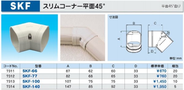 画像2: 因幡電工 スリムコーナー平面45° SKF-66/77/100/140 | スリムダクトSD 平面曲り用 (2)