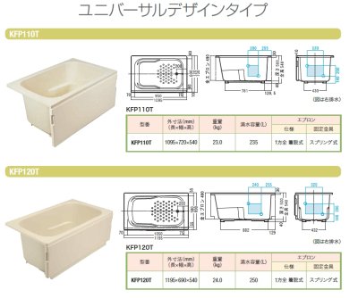 画像2: KFP120TGH2  FRP浴槽 1195×720×575mm ホワイト  (底面エンボス)ホールインワン【JFE】 (2)