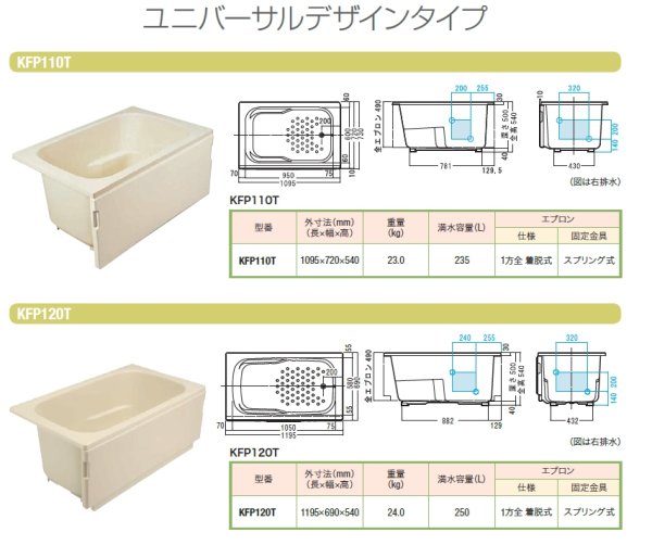 画像6: KFP110TGH2  FRP浴槽　1095×781×540mm　ホワイト  （底面エンボス）ホールインワン【JFE】 (6)