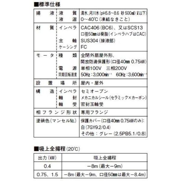 画像6: GSO3-406-C0.4S 川本ポンプ 鋳鉄製自吸式うず巻ポンプ 単相100V 40mm 0.4kW 60Hz用 (6)