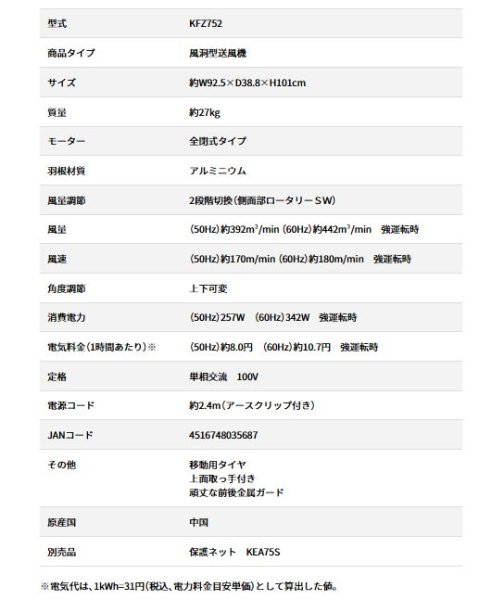 画像2: 広電 KFZ752 風洞型送風機 75cmアルミ羽根 全閉式モーター 単相100V 大型風洞扇 (2)