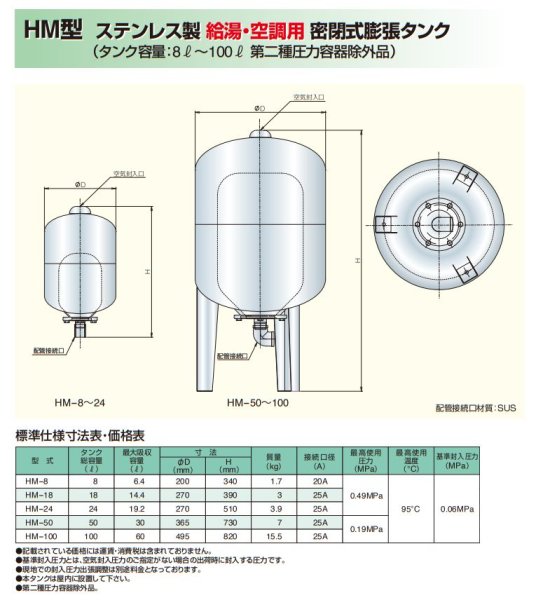 画像2: ステンレス製　給湯/空調用　密閉式膨張タンクHM-24【ホーコス】24L (2)