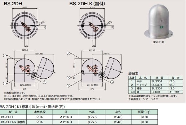 画像2: BS-2DH-K   BS-DH    ホーコス  ドーム型散水栓ボックス 鍵付 20A (2)