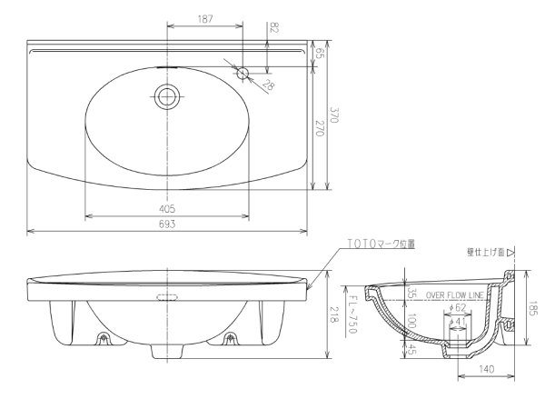 画像2: TOTO　 L270D　 洗面器　 壁掛け (2)