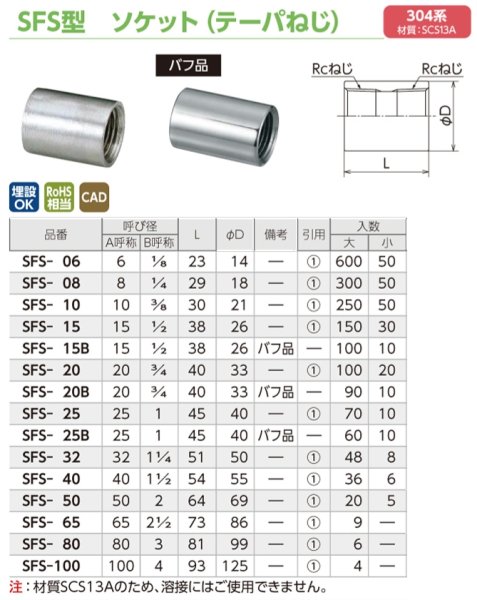 画像2: SFS　オンダ製作所　ステンレス　ソケット　304系　（テーパねじ） (2)