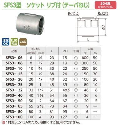 画像2: SFS3　オンダ製作所　ステンレス　ソケット　304系　リブ付き（テーパねじ） (2)