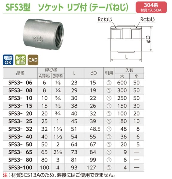 画像2: SFS3　オンダ製作所　ステンレス　ソケット　304系　リブ付き（テーパねじ） (2)