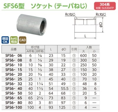 画像2: SFS6　オンダ製作所　ステンレス　ソケット　304系　（テーパねじ） (2)