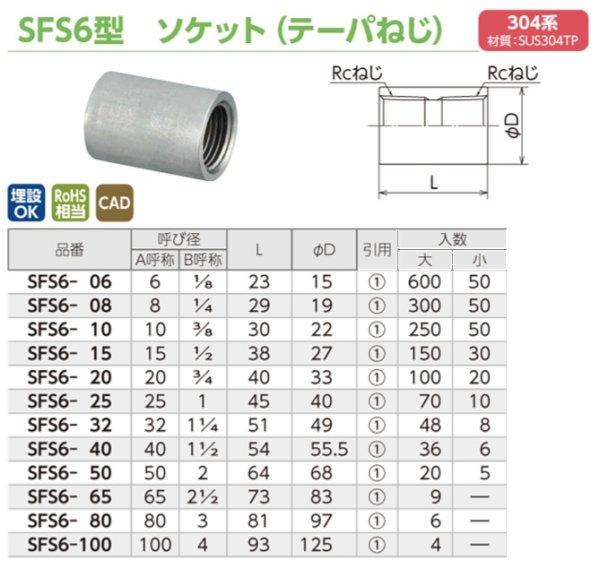 画像2: オンダ製作所 ステンレス SFS6型 ソケット | SUS304系 ねじ込み継手 テーパねじ (2)