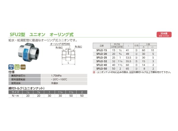 画像2: SFU2　オンダ製作所　ステンレス　ユニオン　304系　給水給湯配管に (2)