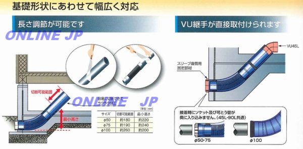画像3: アロン化成 ZK-90L 75 排水管貫通セット 90°曲り 呼び径75 基礎貫通スリーブ 防蟻防水 (3)