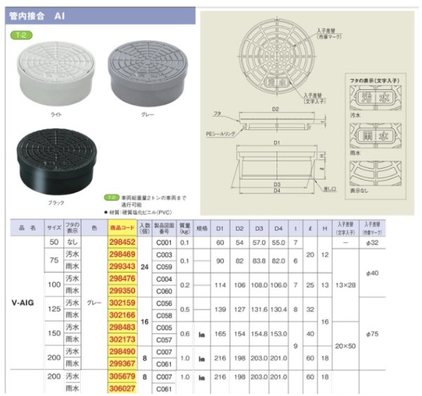 画像2: タキロンシーアイ 汚水蓋 V-AIG グレー  管内接合(AI) 塩ビ製 (2)