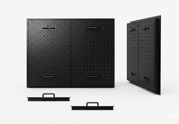 画像1: プレパイ工業 Ｍ－II－７９６１特型 グリストラップ蓋のみ 790×610×34.5H 錆止め黒色ペンキ塗装品 特注点検蓋 PREPAI (1)