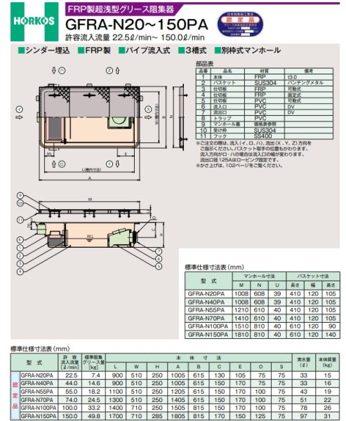 画像2: GFRA-N150PA　ホーコス　パイプ流入式　超浅型グリース阻集器　鋼板製蓋付き　 FRP製　150.0L (2)