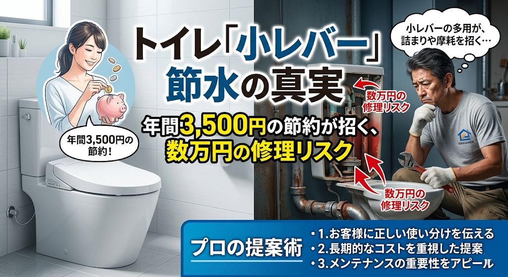 リフォーム店様向け｜トイレ「小レバー」節水の真実。年間3,500円の節約が招く「数万円の修理リスク」とプロの提案術