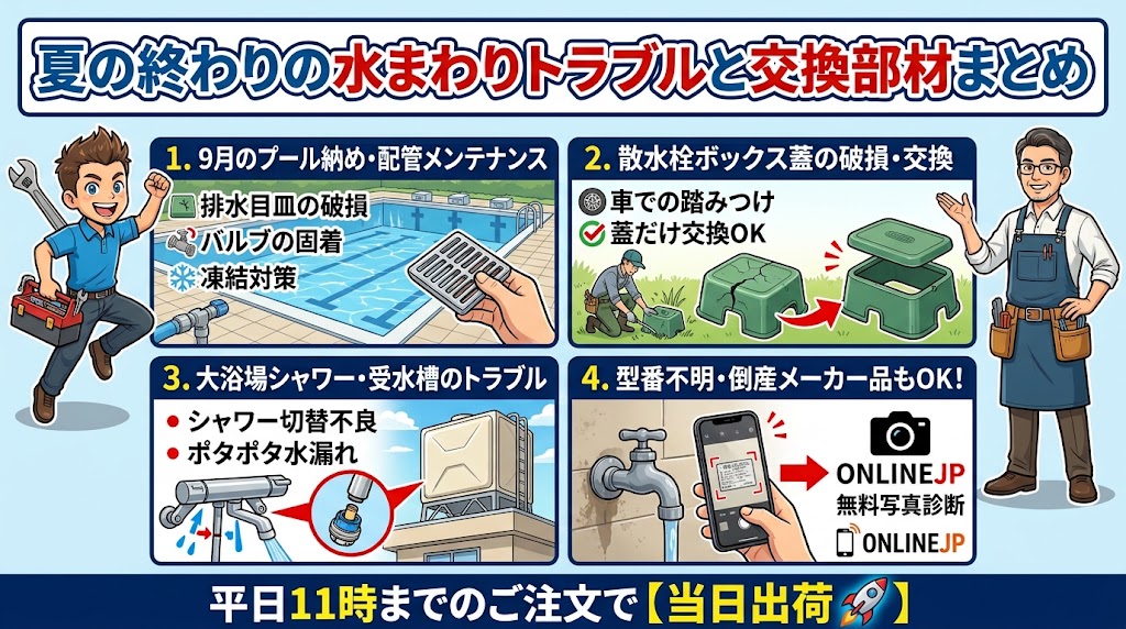 【8月末の設備総点検】プール納め・割れた散水栓・大浴場シャワー！夏の終わりに多発する水まわりトラブルと交換部材まとめ