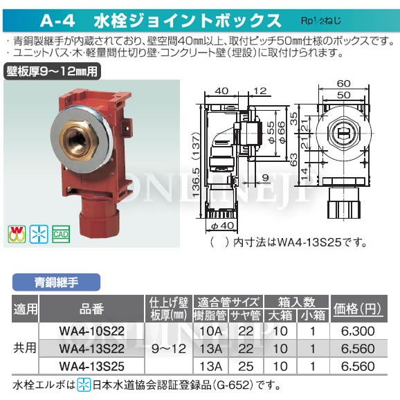 WA4-S -株式会社オンダ製作所-A-4 水栓ジョイントボックス 壁板厚９ 