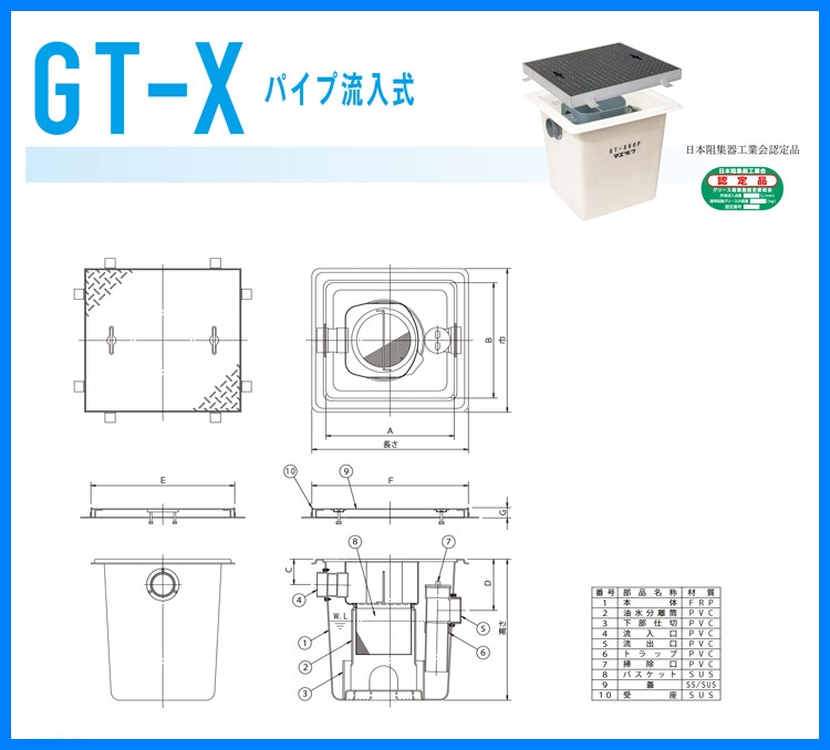 前澤化成】FRP製 グリーストラップ GT-X パイプ流入式 のことなら