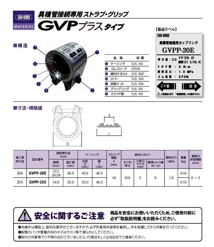 ◎GVPP-25E GVPプラスタイプ 異種管接続専用 ストラブ・グリップ【ショーボンド】塩ビ管+鋼管/ステンレスのことならONLINE  JP（オンライン）