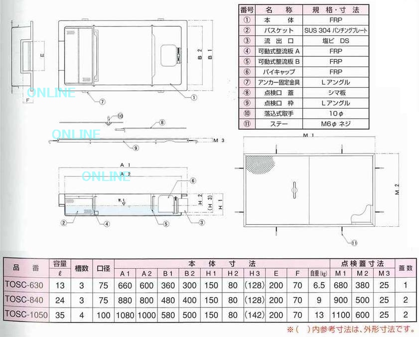 上等 プレパイ工業 TOSC-630 FRP製 浅型グリーストラップ #ko